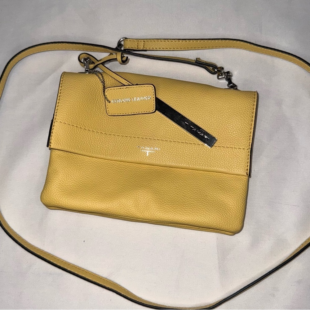 T Tahari Yellow Genuine Leather Crossbody Bag NWOT Flap Silver Hardware
